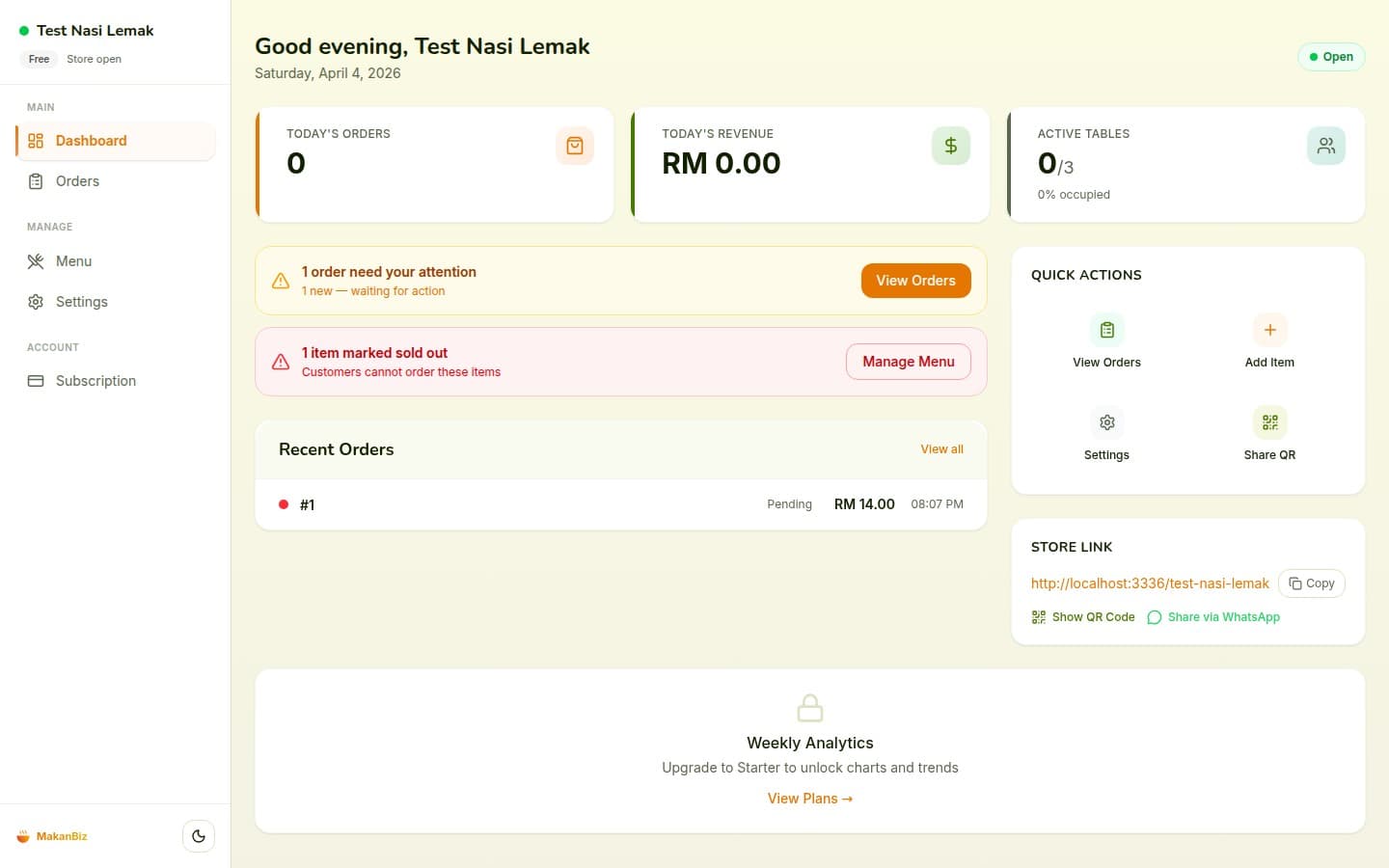 MakanBiz merchant dashboard showing orders, revenue, and quick actions
