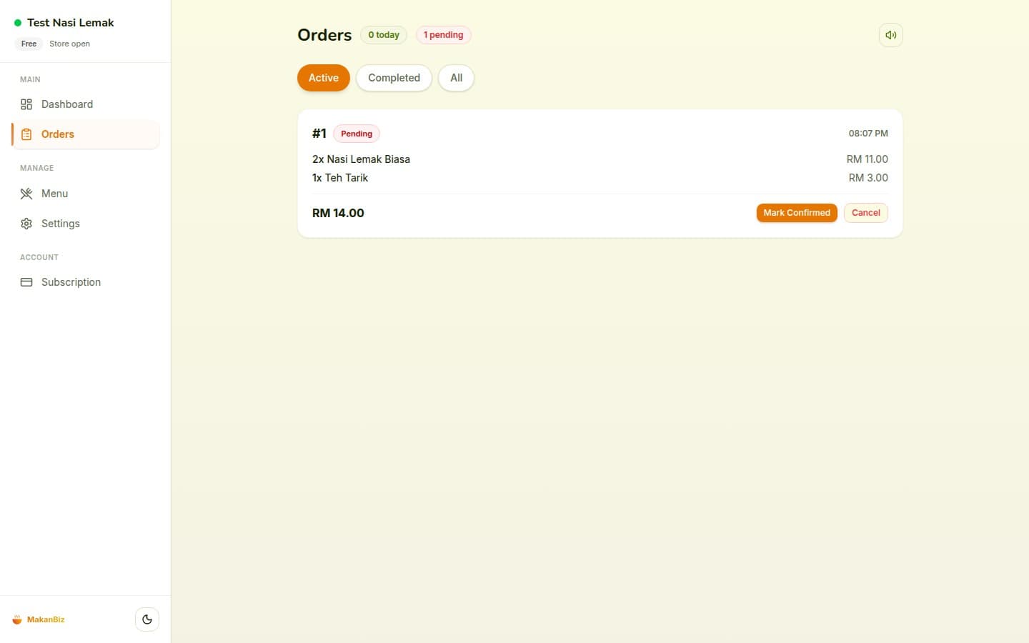MakanBiz order management with real-time status updates